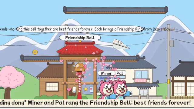 Two players ringing the Friendship Bell as petals fall